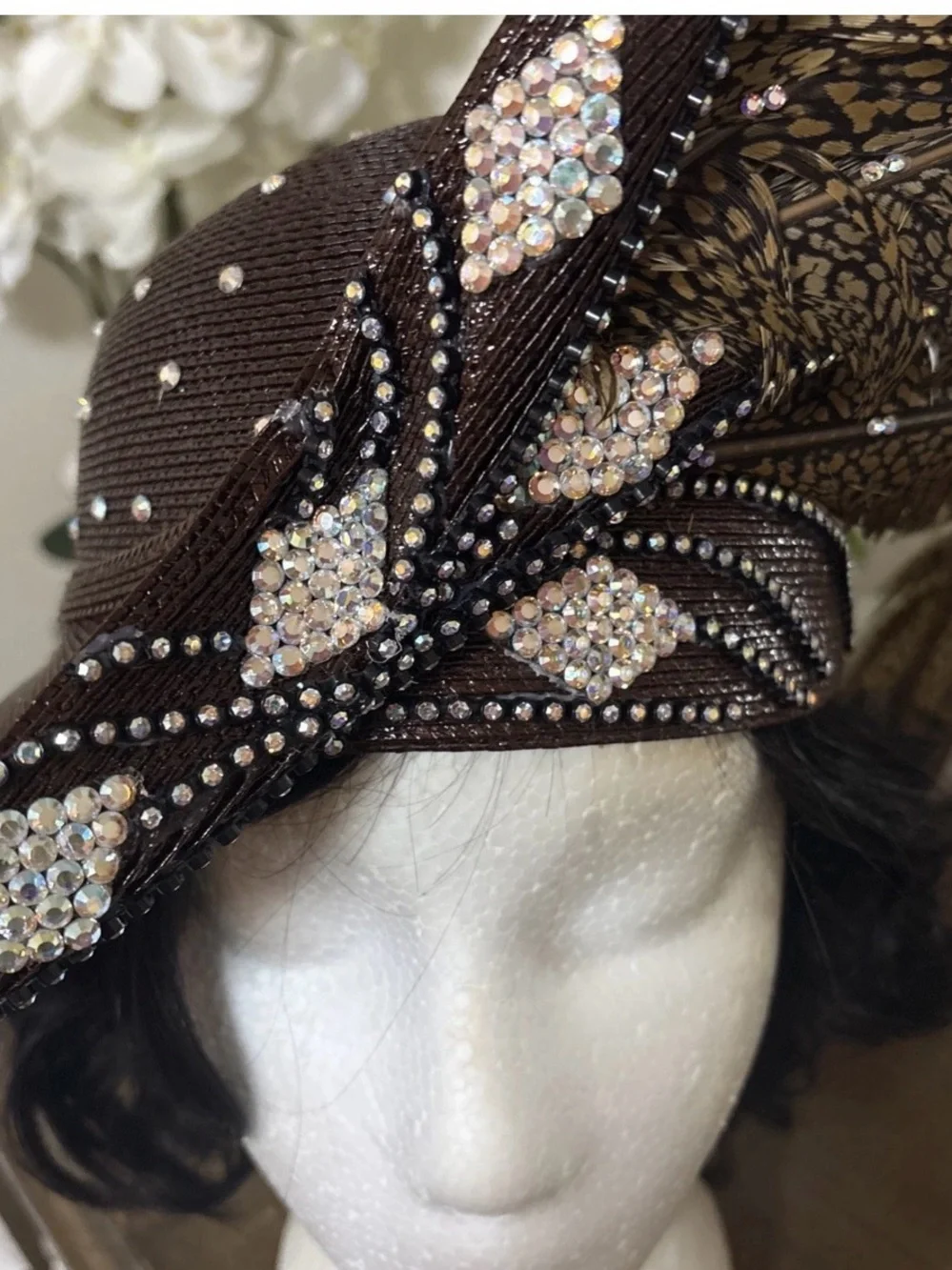 Crystal-Trim Brown Feathered Cocktail Hat
